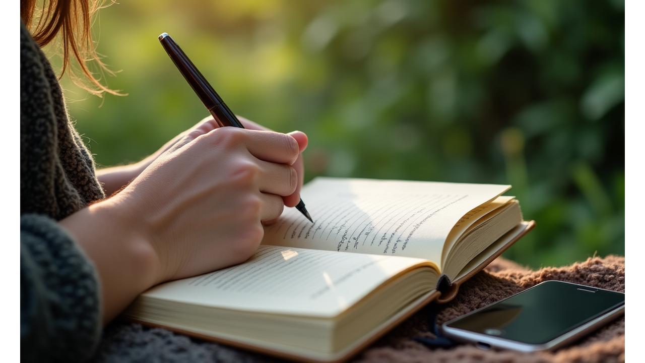 Osoba pisząca w dzienniku na łonie natury, obok leży smartfon, podkreślając cyfrowy detoks